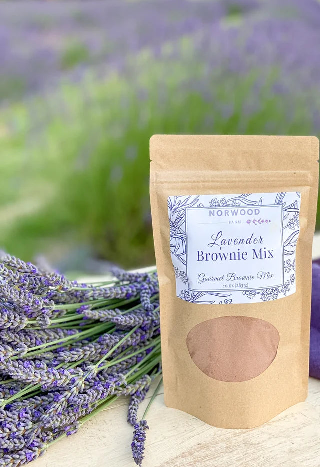 Norwood-Lavender-Farm-Lavender-Fudge-Brownie-Mix-outdoors-shown-with-fresh-lavender